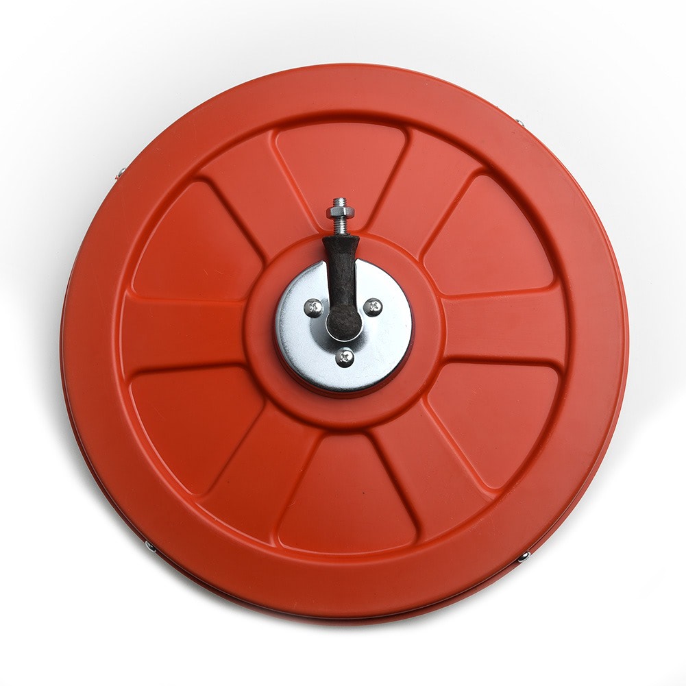 Back of circular wide-angle mirror with red housing and central adjustment knob