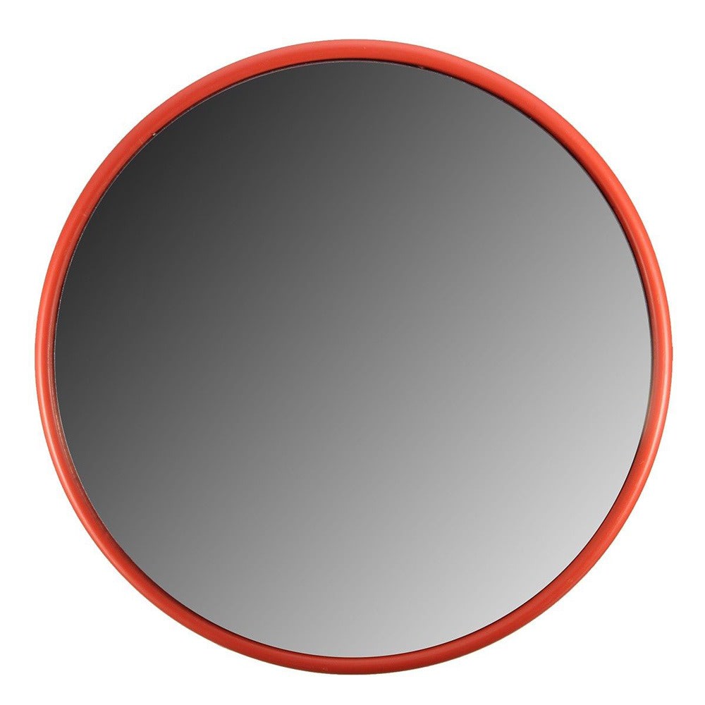 Round mirror with orange rim and dark reflective center