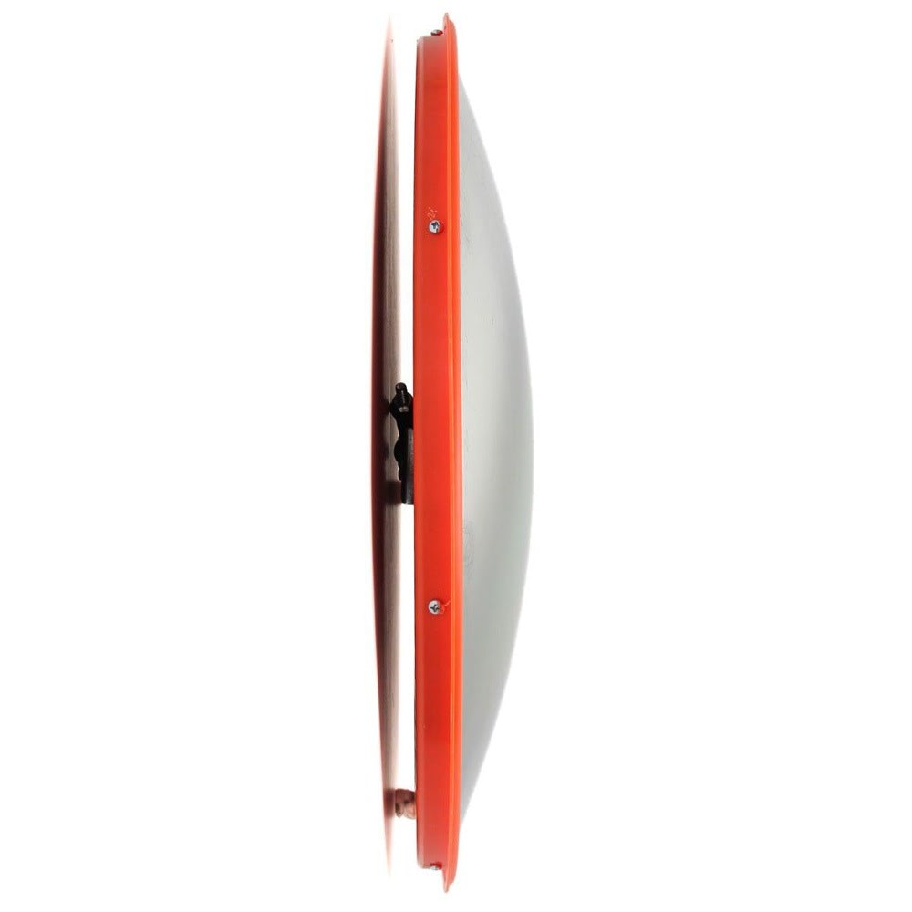 Side view of circular wall mirror with orange frame and mounting bracket