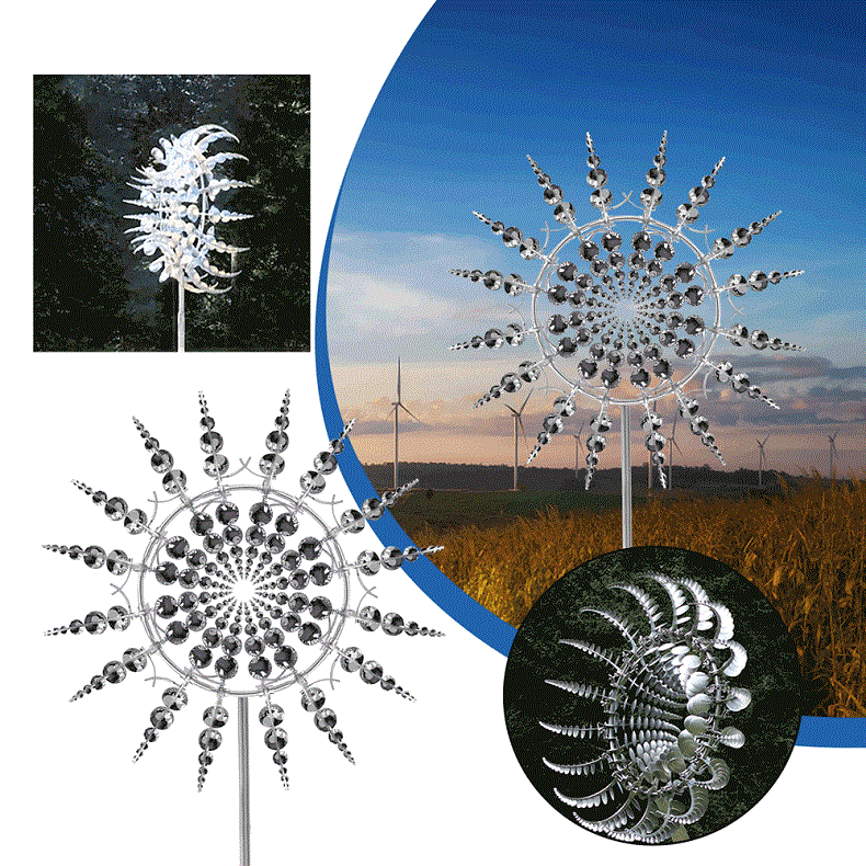 Silver metal wind spinner with spherical bead clusters and many spinning arms, on pole.