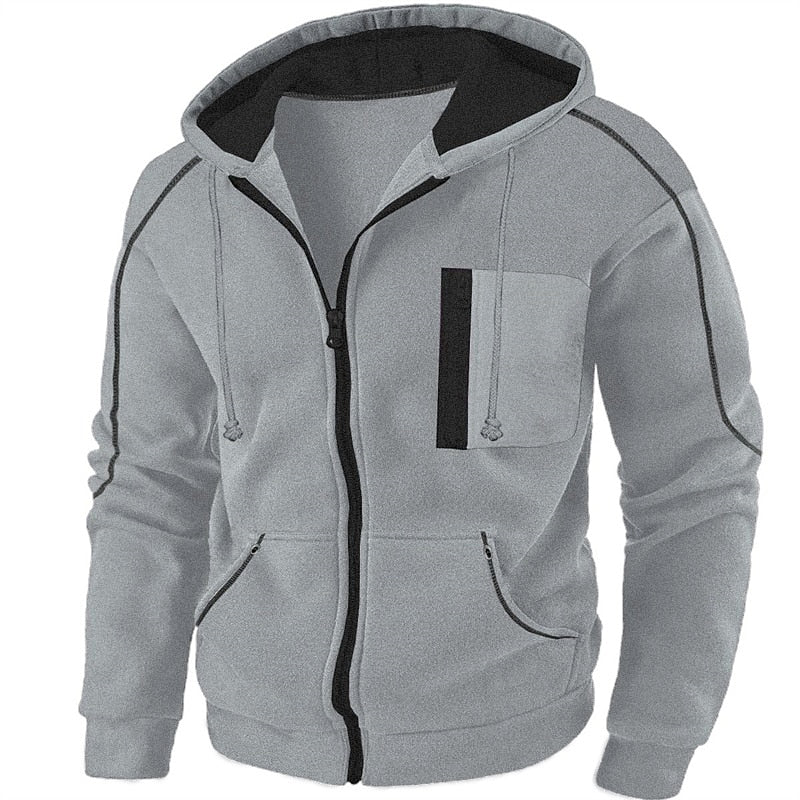 Men's full-zip hooded jacket, light gray with black hood lining, front zip and chest pocket.