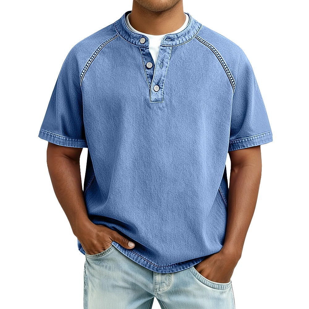 Half-button wash henley shirt, back view