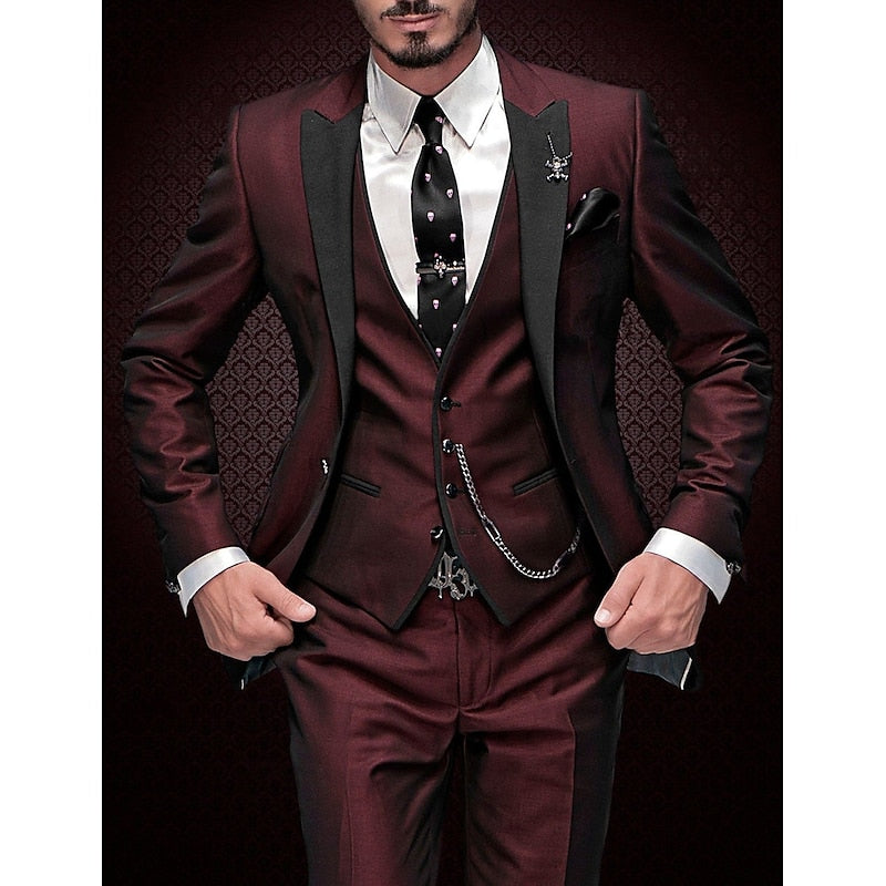 Men's three-piece tailored set, burgundy color view